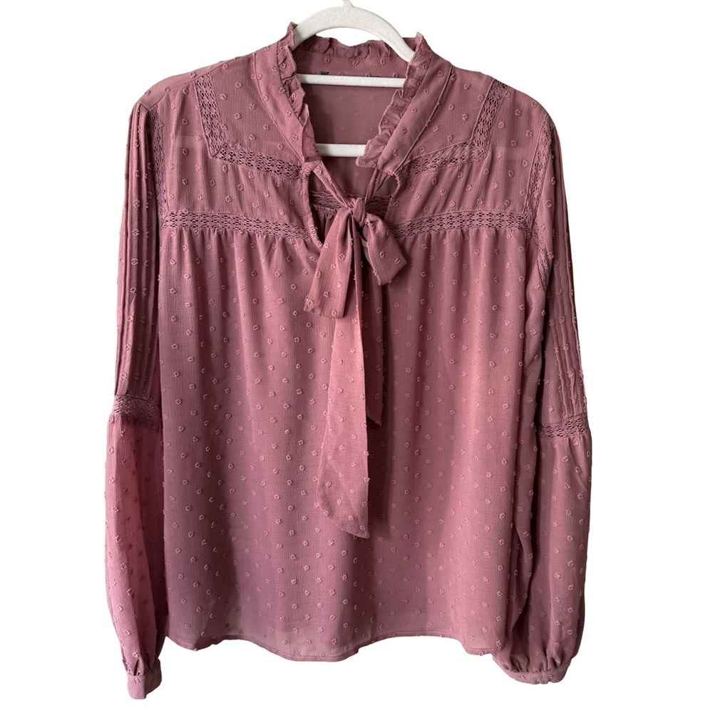 Source Unknown Mauve Pink Tie-Neck Swiss Dot Blouse